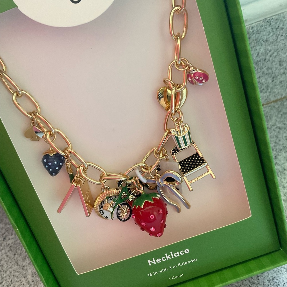 kate spade gold-tone charm necklace with red strawberry and multicolor charms